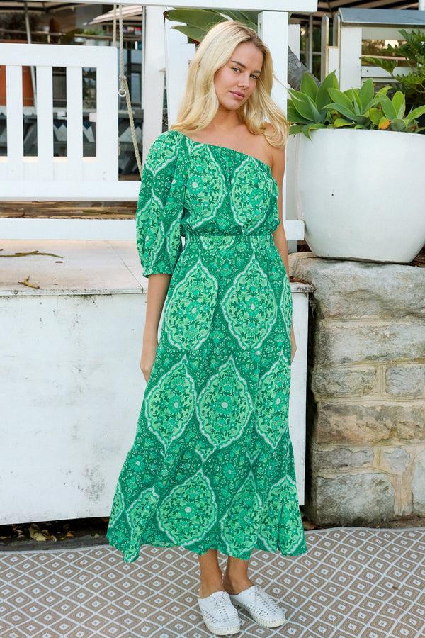 Dreamcatcher Bohemian Luisa-Green One Shoulder Maxi Dress