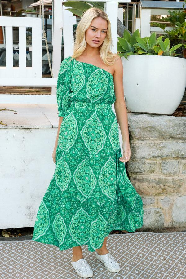 dreamcatcher bohemian Luisa-Green One Shoulder Maxi Dress