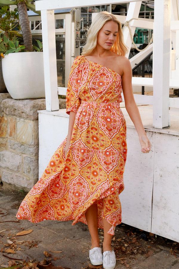 Dreamcatcher Bohemian Luisa-Yellow One Shoulder Maxi Dress