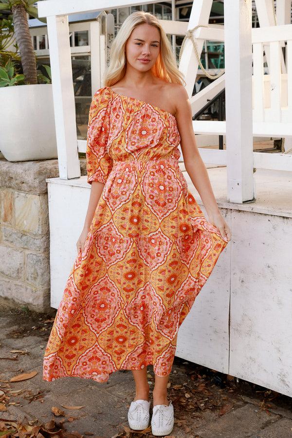 Dreamcatcher Bohemian Luisa-Yellow One Shoulder Maxi Dress