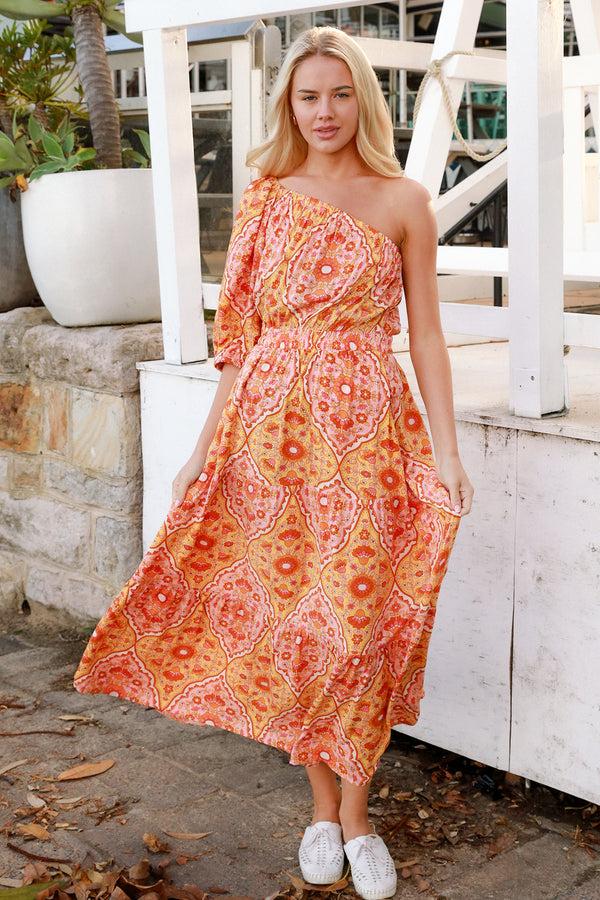 dreamcatcher bohemian Luisa-Yellow One Shoulder Maxi Dress
