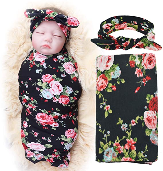 dreshow 1 Pack Receiving Blanket With Headbands BQUBO Newborn Baby Floral PrintedBaby Shower Swaddle Gift
