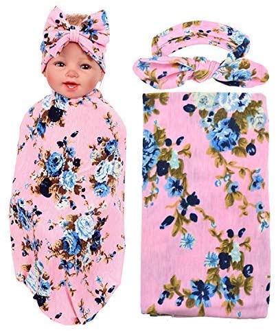 dreshow 1 Pack Receiving Blanket With Headbands BQUBO Newborn Baby Floral PrintedBaby Shower Swaddle Gift