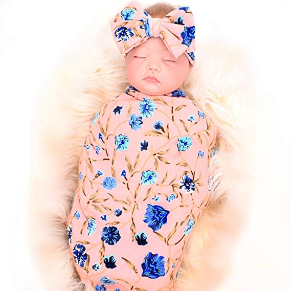 dreshow 1 Pack Receiving Blanket With Headbands BQUBO Newborn Baby Floral PrintedBaby Shower Swaddle Gift
