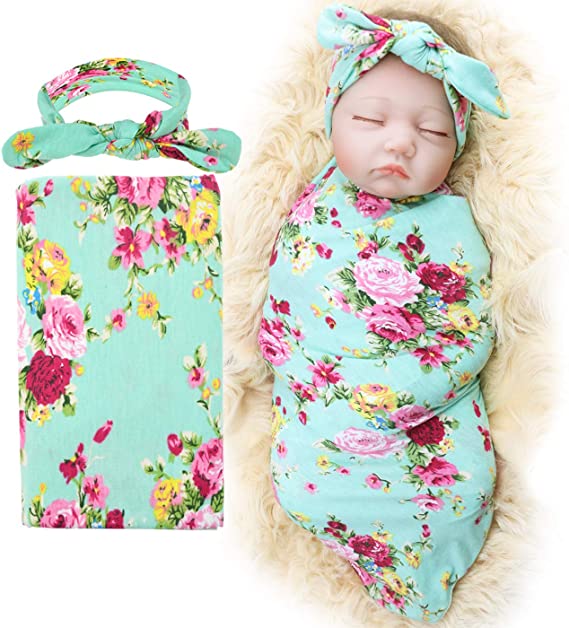 dreshow 1 Pack Receiving Blanket with Headbands BQUBO Newborn Baby Floral PrintedBaby Shower Swaddle Gift