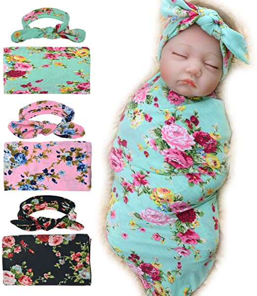 Dreshow 3 Pack Receiving Blanket With Headbands BQUBO Newborn Baby Floral PrintedBaby Shower Swaddle Gift
