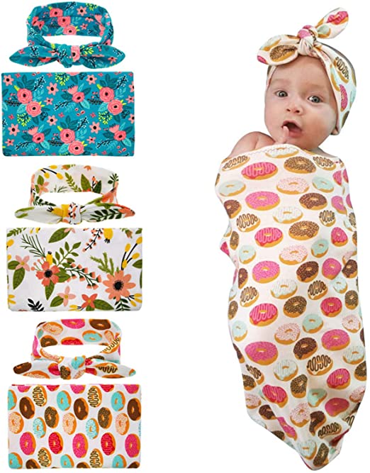 Dreshow 3 Pack Receiving Blanket With Headbands BQUBO Newborn Baby Floral PrintedBaby Shower Swaddle Gift