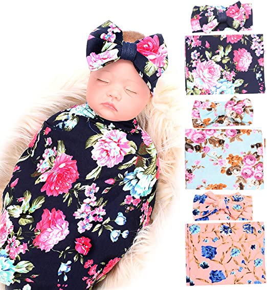 Dreshow 3 Pack Receiving Blanket With Headbands BQUBO Newborn Baby Floral PrintedBaby Shower Swaddle Gift