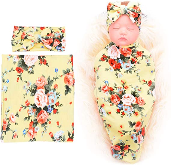 Dreshow BQUBO Newborn Baby Receiving Blankets Newborn Baby Floral Swaddling With Headbands Or Hats Infant Sleepsack