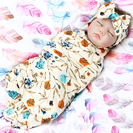 Dreshow BQUBO Newborn Baby Receiving Blankets Newborn Baby Floral Swaddling With Headbands Or Hats Infant Sleepsack