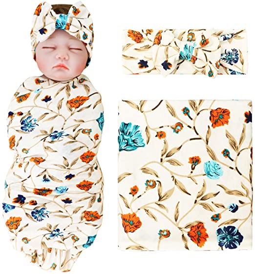 dreshow BQUBO Newborn Baby Receiving Blankets Newborn Baby Floral Swaddling with Headbands or Hats Infant Sleepsack