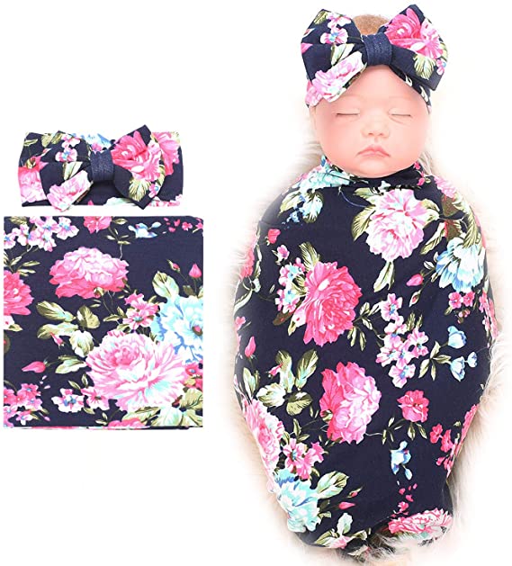 dreshow BQUBO Newborn Baby Receiving Blankets Newborn Baby Floral Swaddling with Headbands or Hats Infant Sleepsack