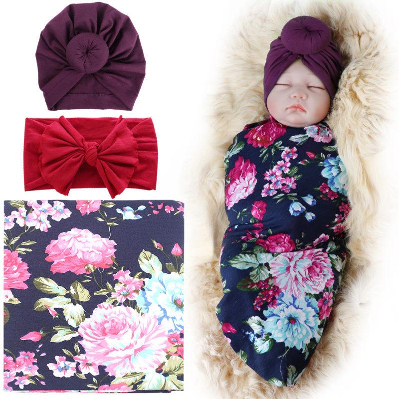 dreshow DRESHOW 3 Pack Receiving Blanket with Headband and Hat BQUBO Newborn Baby Floral Printed Baby Shower Swaddle Gift