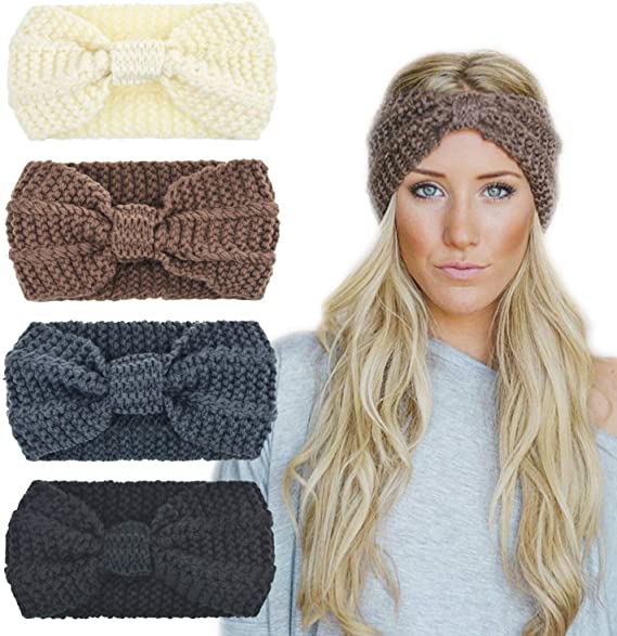 Dreshow DRESHOW 4 Pack Crochet Turban Headband For Women Warm Bulky Crocheted Headwrap