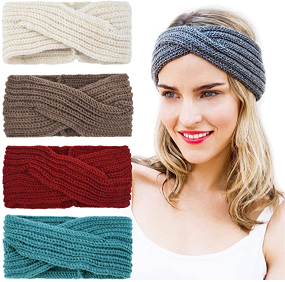 Dreshow DRESHOW 4 Pack Crochet Turban Headband For Women Warm Bulky Crocheted Headwrap