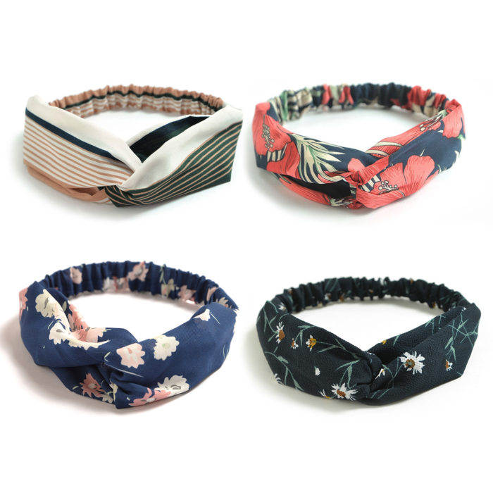 Dreshow DRESHOW 4 Pack Turban Headbands For Women Hair Flower Printed Cross Elastic Head Wrap
