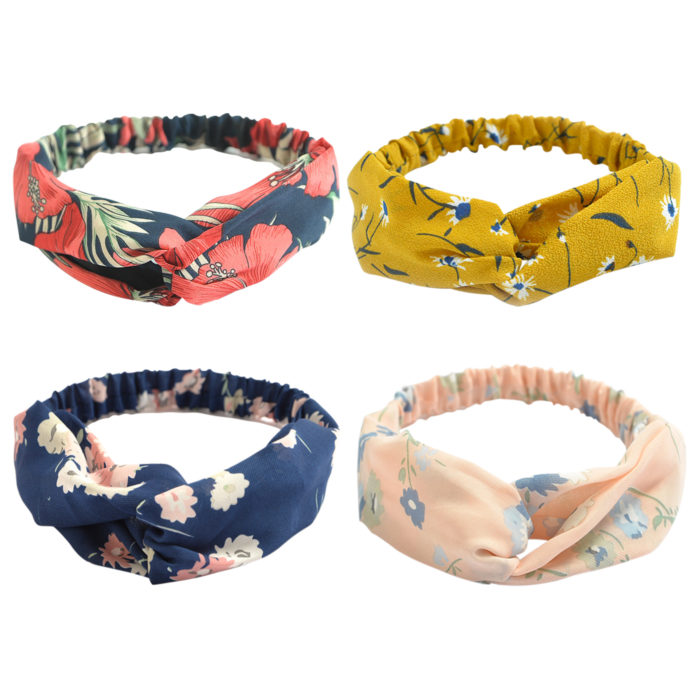 dreshow DRESHOW 4 Pack Turban Headbands for Women Hair Flower Printed Cross Elastic Head Wrap