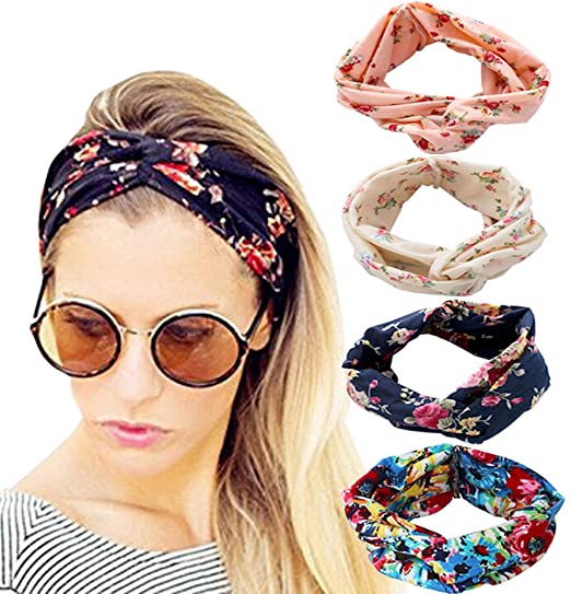Dreshow DRESHOW 4 Pack Turban Headbands For Women Hair Vintage Flower Printed Cross Elastic Head Wrap