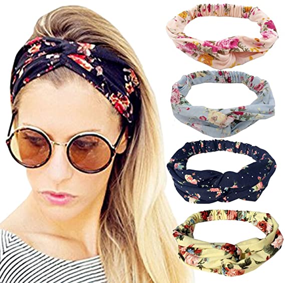 Dreshow DRESHOW 4 Pack Turban Headbands For Women Hair Vintage Flower Printed Cross Elastic Head Wrap