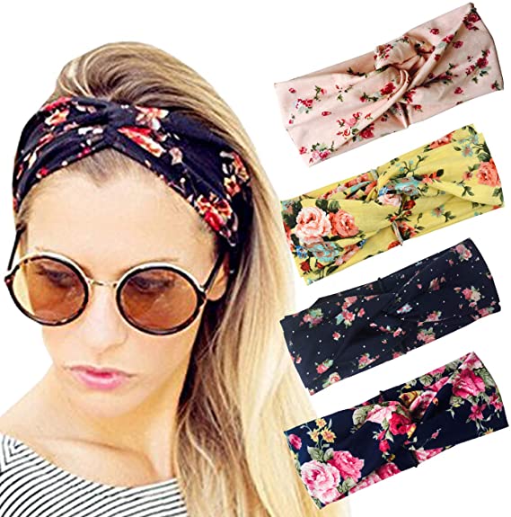 Dreshow DRESHOW 4 Pack Turban Headbands For Women Hair Vintage Flower Printed Cross Elastic Head Wrap