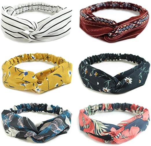 Dreshow DRESHOW 6 Pack Headbands For Women Boho Headbands Vintage Flower Printed Criss Cross Elastic Head Wrap
