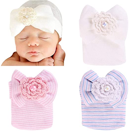 Dreshow DRESHOW BQUBO 3 Pack Newborn Hospital Hat Infant Baby Hat Cap Big Bow Nursery Beanie