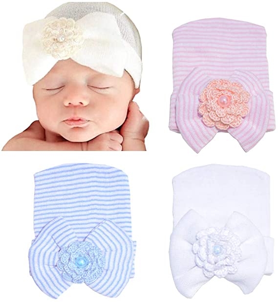Dreshow DRESHOW BQUBO 3 Pack Newborn Hospital Hat Infant Baby Hat Cap With Big Bow Soft Cute Knot Nursery Beanie