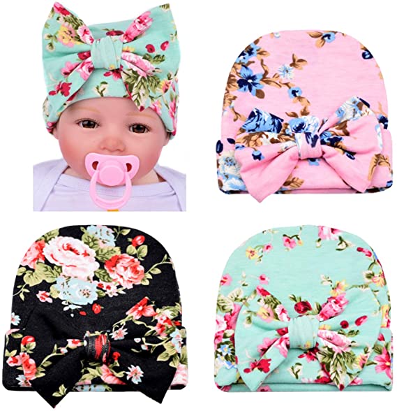 dreshow DRESHOW BQUBO 3 Pack Newborn Hospital Hat Infant Baby Hat Cap with Big Bow Soft Cute Knot Nursery Beanie dreshow DRESHOW BQUBO 3 Pack Newborn Hospital Hat Infant Baby Hat Cap with Big Bow Soft Cute Knot Nursery Beanie