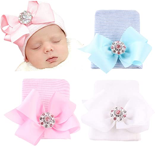 dreshow DRESHOW BQUBO 3 Pack Newborn Hospital Hat Infant Baby Hat Cap Big Bow Nursery Beanie