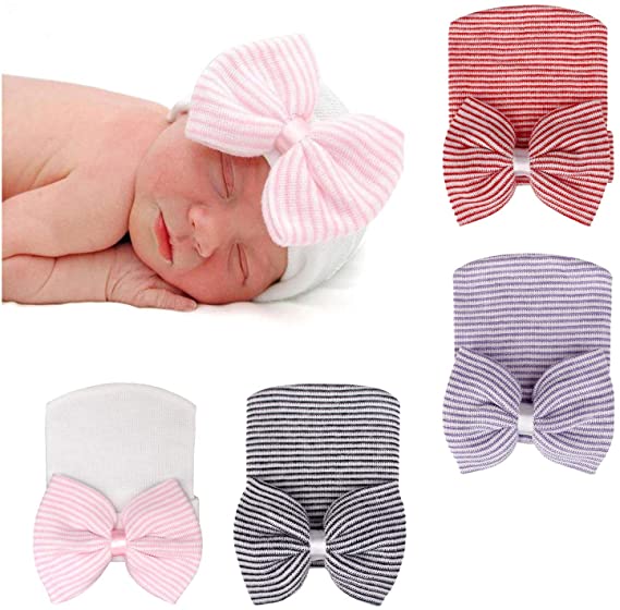 Dreshow DRESHOW BQUBO 4 Pack Newborn Hospital Hat Infant Baby Hat Cap With Big Bow Soft Cute Knot Nursery Beanie