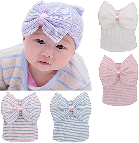 dreshow DRESHOW BQUBO 4 Pack Newborn Hospital Hat Infant Baby Hat Cap with Big Bow Soft Cute Knot Nursery Beanie dreshow DRESHOW BQUBO 4 Pack Newborn Hospital Hat Infant Baby Hat Cap with Big Bow Soft Cute Knot Nursery Beanie