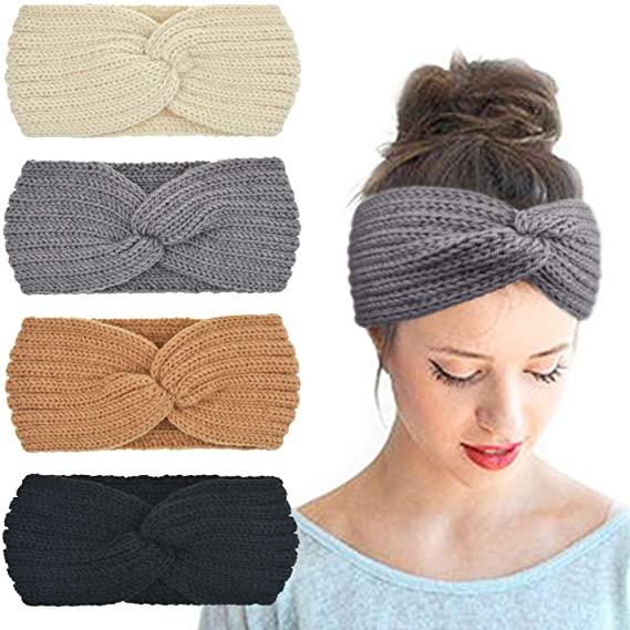 dreshow DRESHOW Crochet Turban Headband for Women Warm Bulky Crocheted Headwrap Cross headband