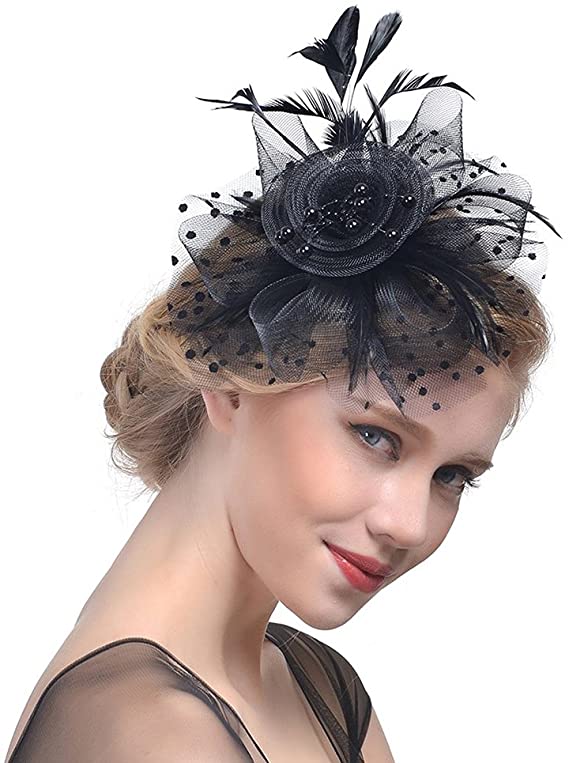 dreshow DRESHOW Fascinators Hat Flower Mesh Ribbons Feathers on a Headband and a Clip Tea Party Headwear for Girls and Women