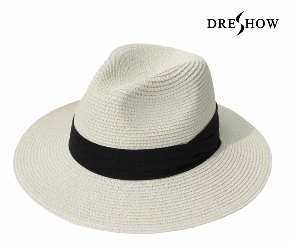 Dreshow DRESHOW Women Straw Panama Hat Fedora Beach Sun Hat Wide Brim Straw Roll Up Hat UPF 30+