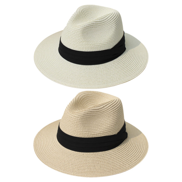 Dreshow DRESHOW Women Straw Panama Hat Fedora Beach Sun Hat Wide Brim Straw Roll Up Hat UPF 30+