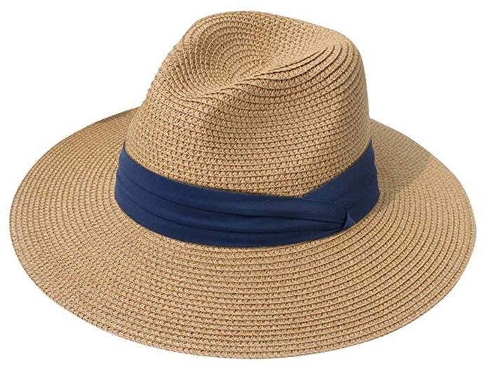 Dreshow DRESHOW Women Straw Panama Hat Fedora Beach Sun Hat Wide Brim Straw Roll Up Hat UPF 30+