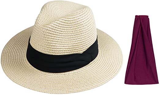 Dreshow DRESHOW Women Straw Panama Hat Felt Fedora Beach Sun Hat Vintage Headband Wide Brim Straw Roll Up Hat UPF 30+