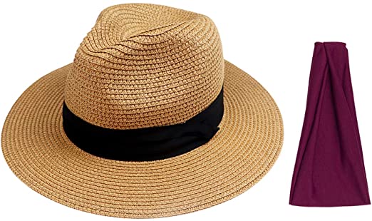 Dreshow DRESHOW Women Straw Panama Hat Felt Fedora Beach Sun Hat Vintage Headband Wide Brim Straw Roll Up Hat UPF 30+