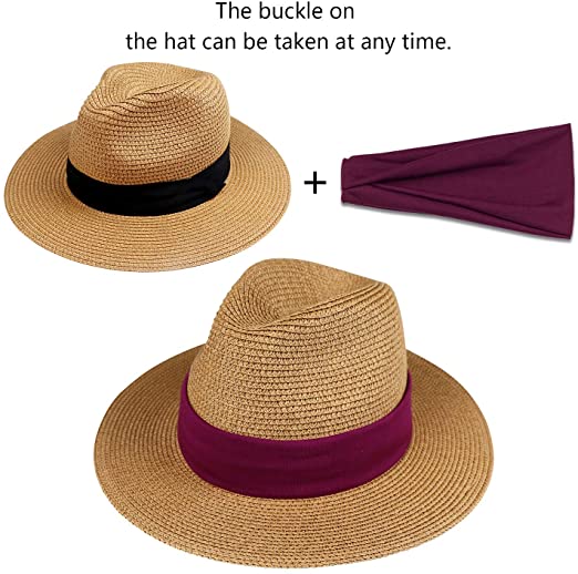 dreshow DRESHOW Women Straw Panama Hat Felt Fedora Beach Sun Hat Vintage Headband Wide Brim Straw Roll up Hat UPF 30+