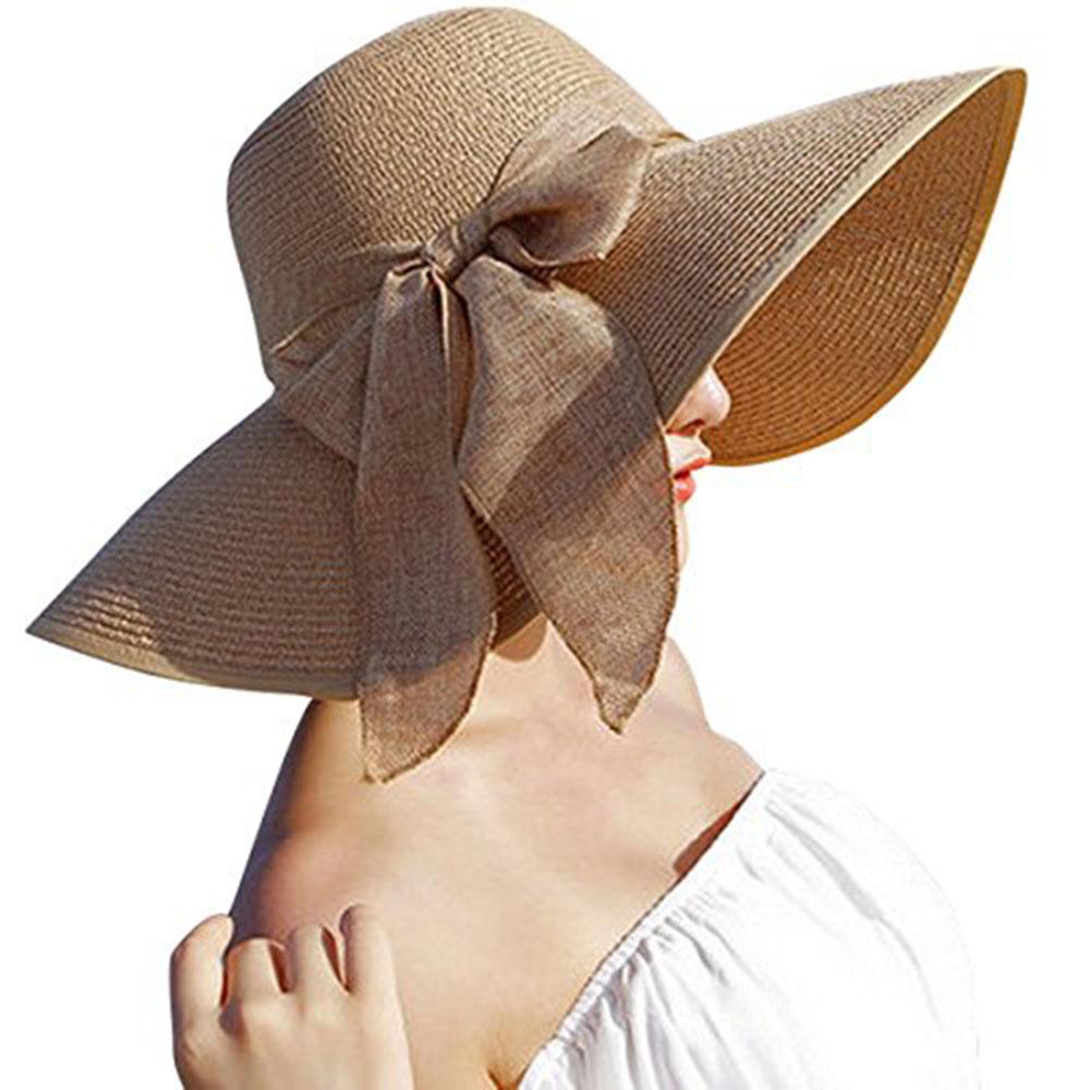 Dreshow Womens Big Bowknot Straw Hat Floppy Foldable Roll Up Beach Cap Sun Hat UPF 50+