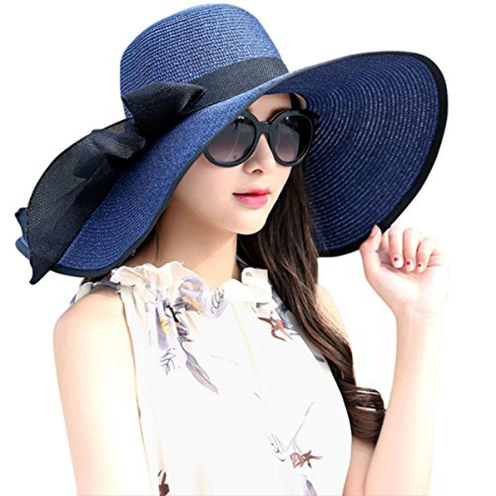Dreshow Womens Big Bowknot Straw Hat Floppy Foldable Roll Up Beach Cap Sun Hat UPF 50+