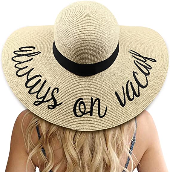 Dreshow Womens Wide Brim Straw Hat Floppy Foldable Roll Up Cap Beach Sun Hat UPF 50+