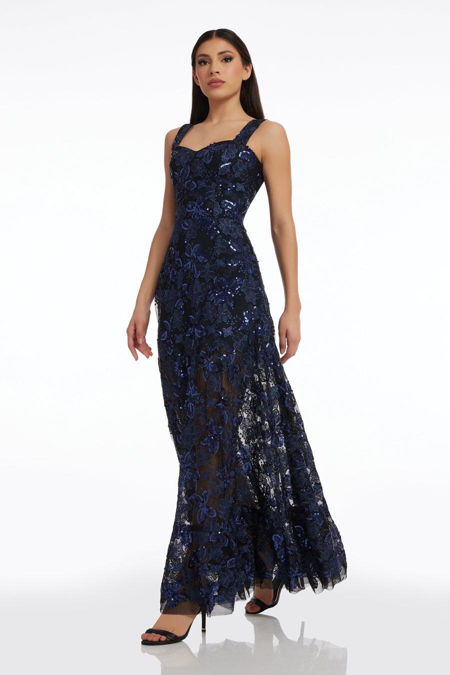 Dress The Population Anabel Sequin Embroidered Gown White