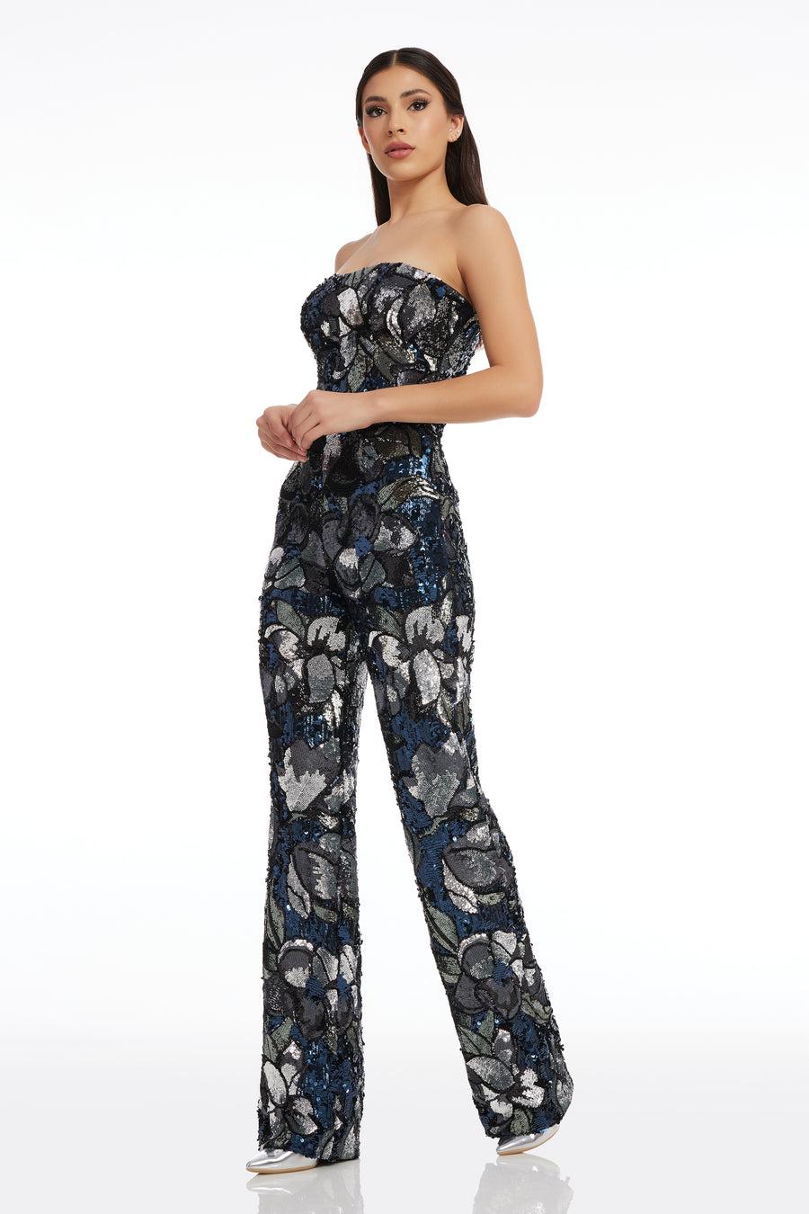 Dress The Population Andy Floral Sequin Jumpsuit White