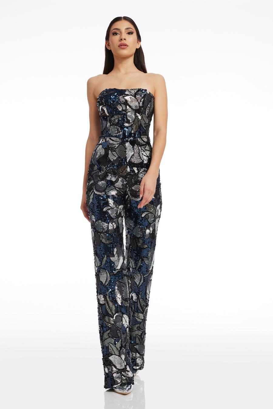 dress the population Andy Floral Sequin Jumpsuit white