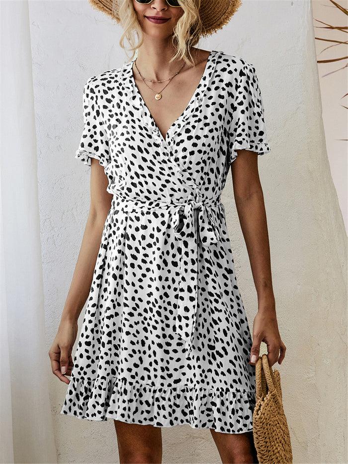 Dressystar Black And White Print Short Sleeve Wrap Dress