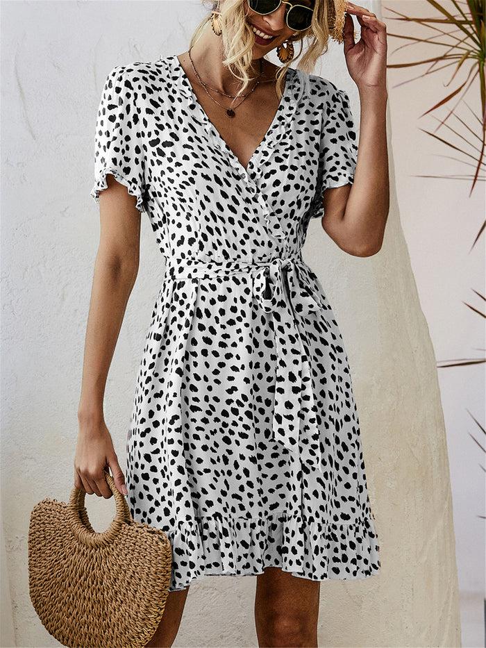 Dressystar Black And White Print Short Sleeve Wrap Dress