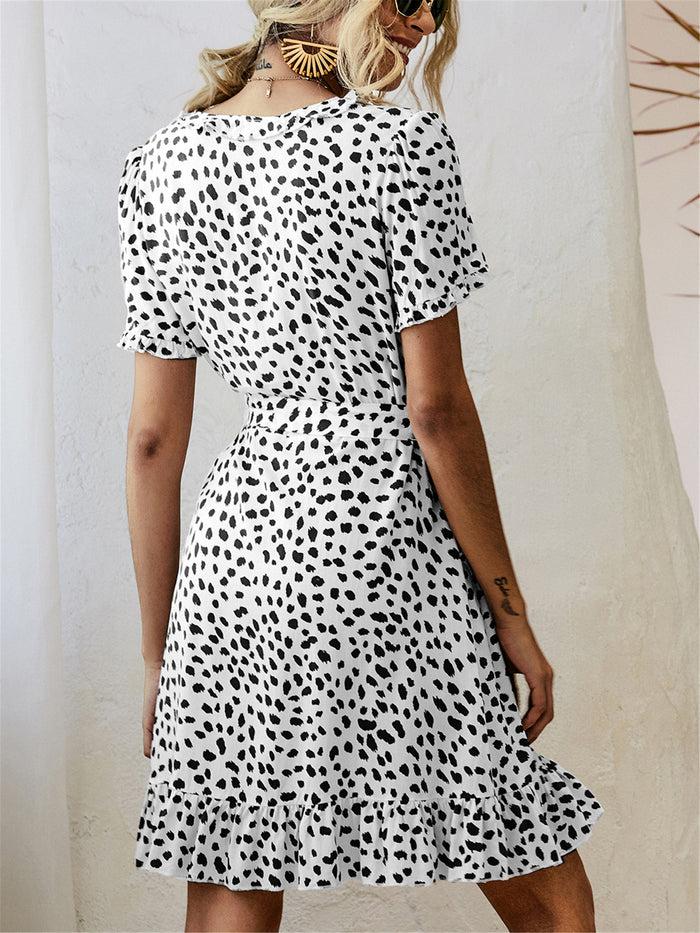 Dressystar Black And White Print Short Sleeve Wrap Dress