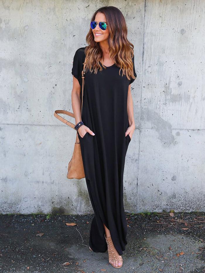 Dressystar Dressystar Black Women Casual Loose Pocket Long Dress Split Maxi Dress