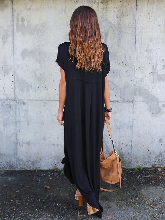 Dressystar Dressystar Black Women Casual Loose Pocket Long Dress Split Maxi Dress